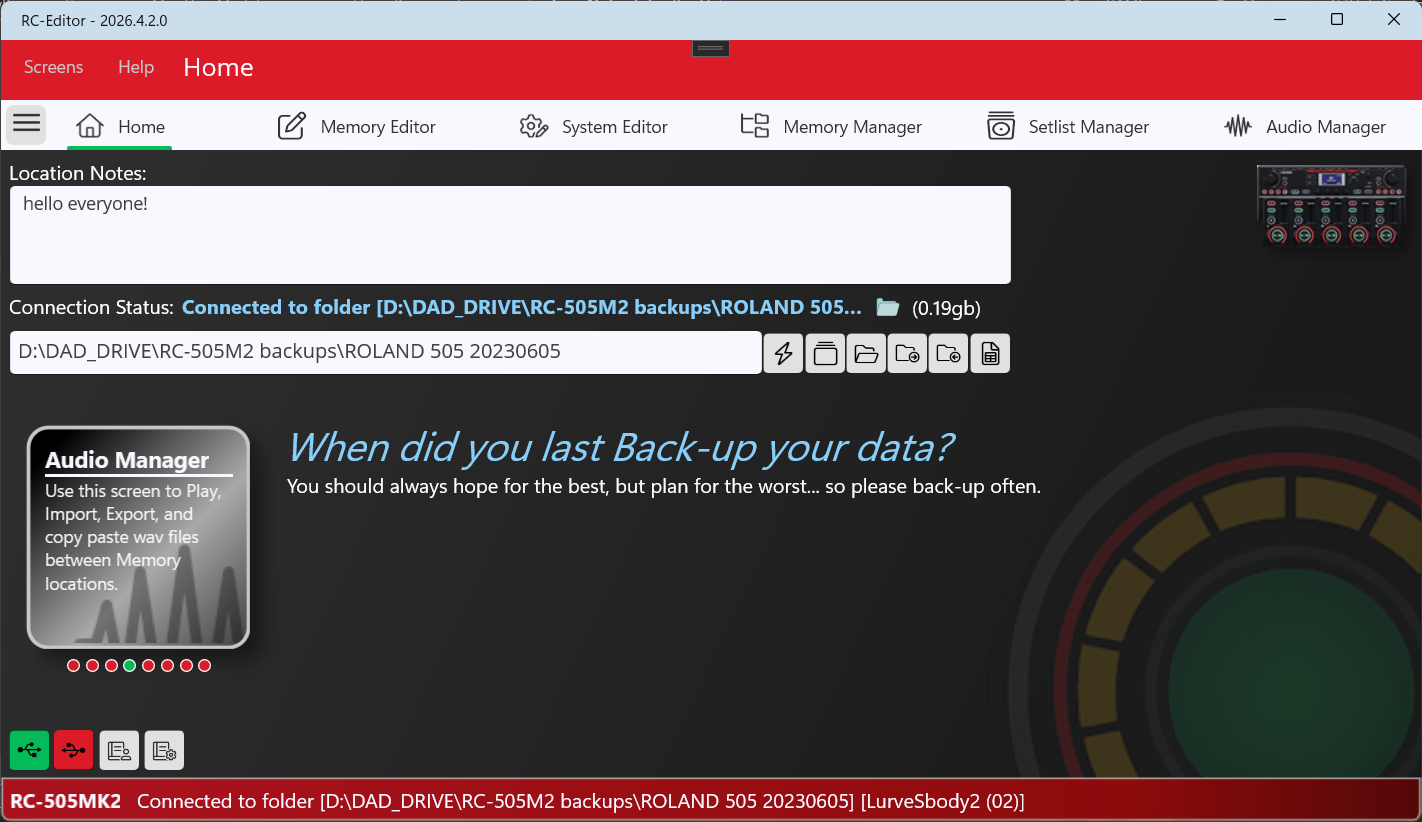 RC-Editor home screen with looper connection, backup, and restore controls