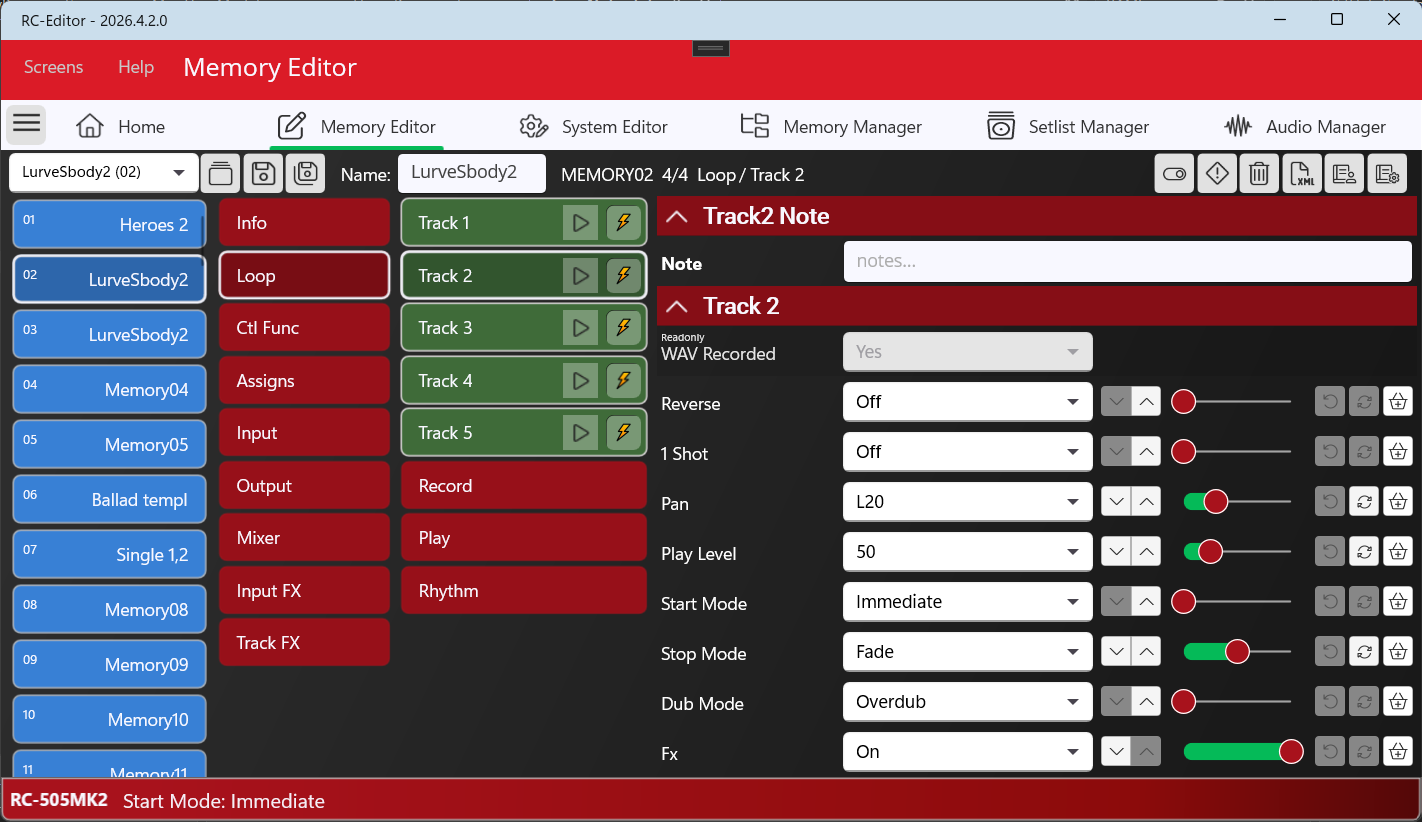 RC-Editor memory editor showing a looper memory's settings