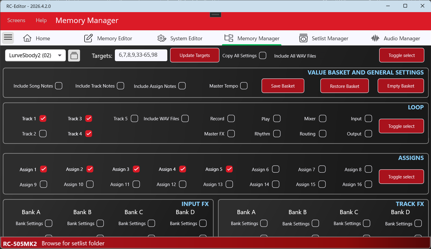 RC-Editor Memory Manager with settings ready to copy between memories