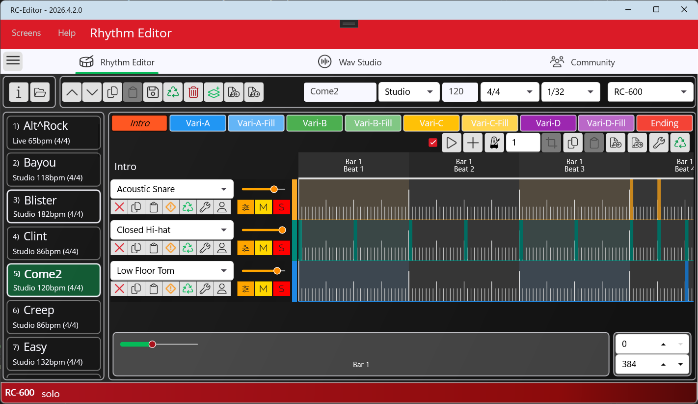 RC-Editor Rhythm Editor arranging drum notes on a grid